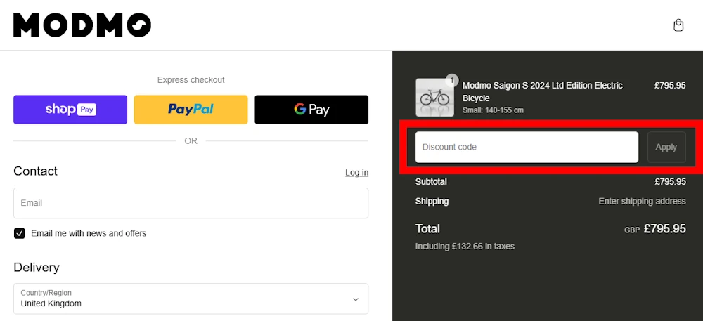 Screenshot showing where to apply a Modmo promo code during checkout on www.modmo.io.