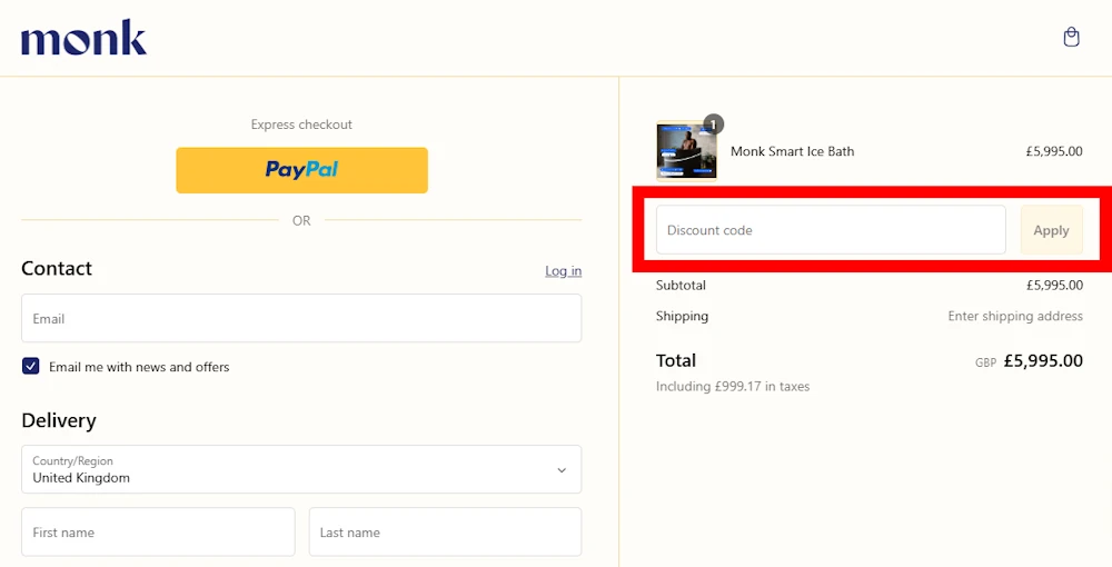 Screenshot showing where to apply a Monk promo code during checkout on www.discovermonk.com.