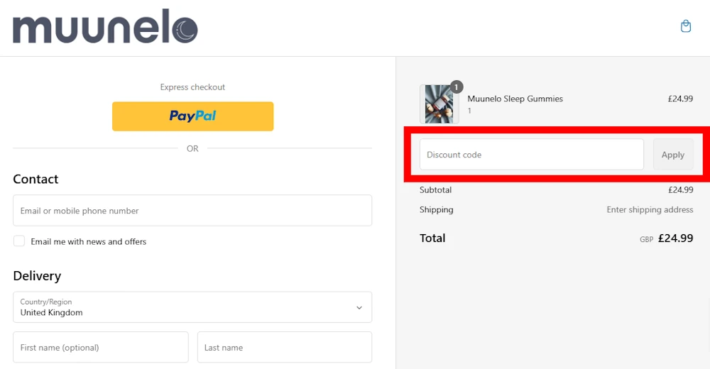 Screenshot showing where to apply a Muunelo promo code during checkout on muunelo.com