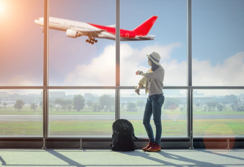 Commercial airplane in the blue sky – save with NHS flight discount offers.