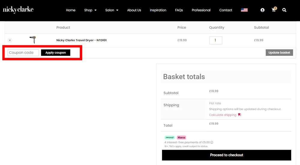 Screenshot showing where to apply a Nicky Clarke code at checkout on nickyclarke.com.