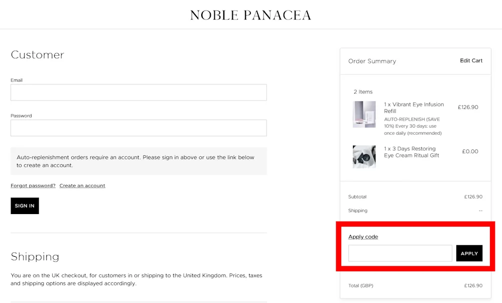 Screenshot showing where to apply a Noble Panacea promo code during checkout on www.noblepanacea.com.