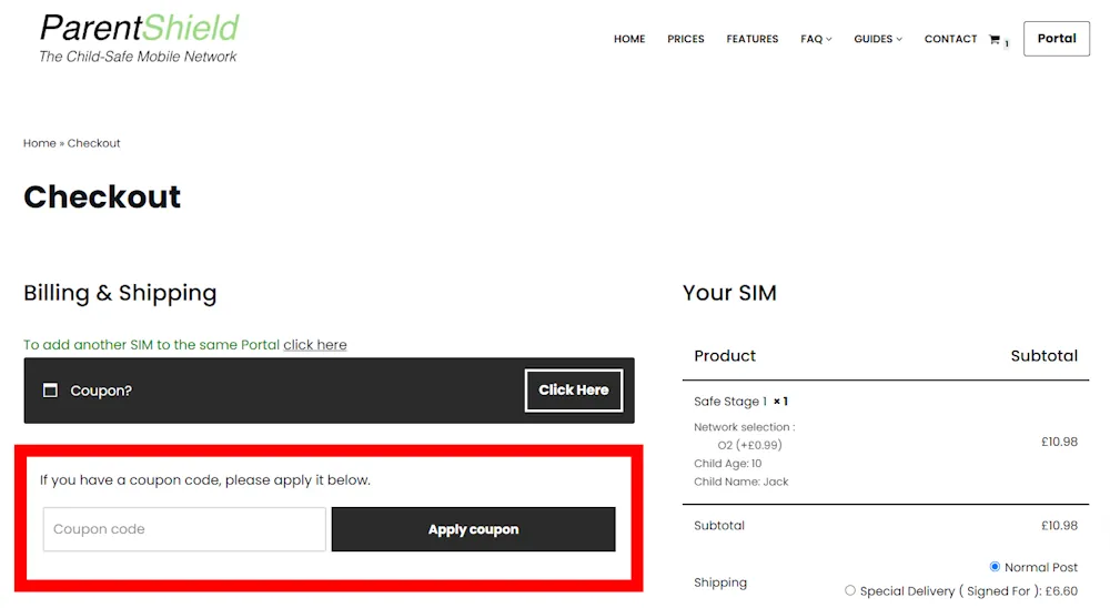 Instructions on how to enter our verified discount code for ParentShield at checkout on parentshield.co.uk.