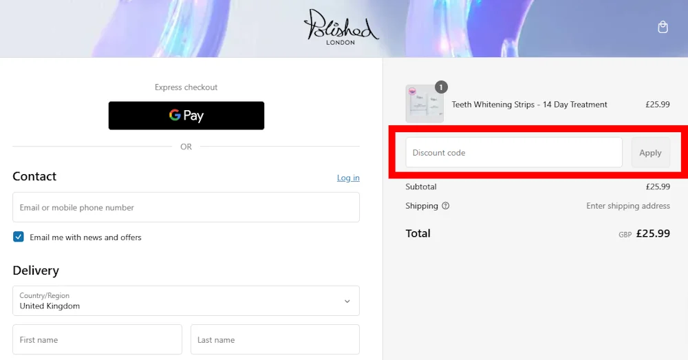 Screenshot showing where to apply a Polished London promo code during checkout on www.polishedlondon.com.