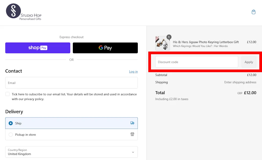 Instructions on how to enter our verified discount code for StudioHop at checkout on studiohop.co.uk.
