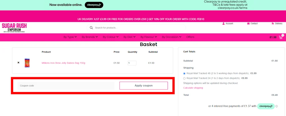 Screenshot showing where to apply a Sugar Rush Emporium promo code during checkout on sugarrushemporium.co.uk.