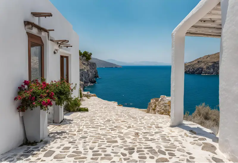 Villa holiday on a Greek island with pebbled walkway and sea view