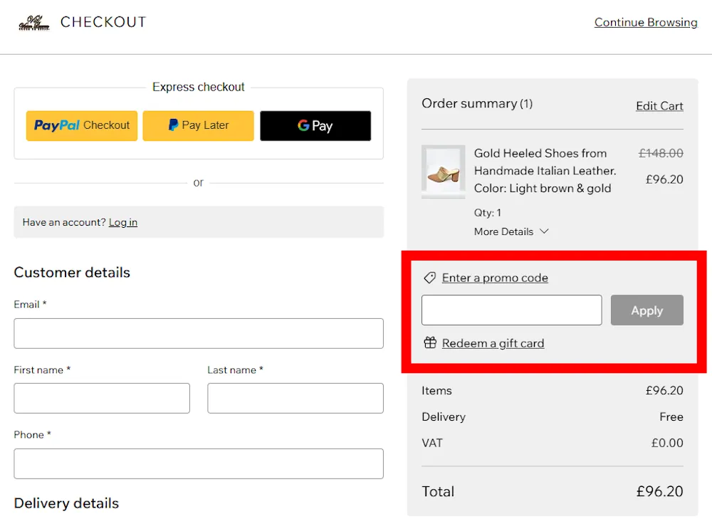 Screenshot showing where to apply a Vivien Lauren promo code during checkout on www.vivienlauren.co.uk.