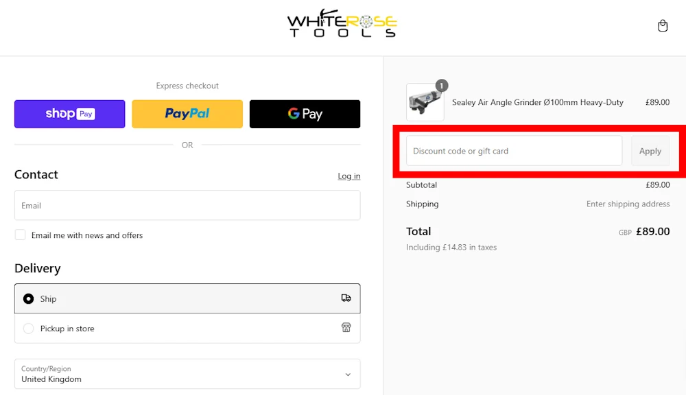 Instructions on how to enter our verified discount code for White Rose Tools at checkout on whiterosetools.com.