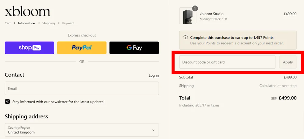 Instructions on how to enter our verified discount code for xBloom at checkout on xbloom.com.