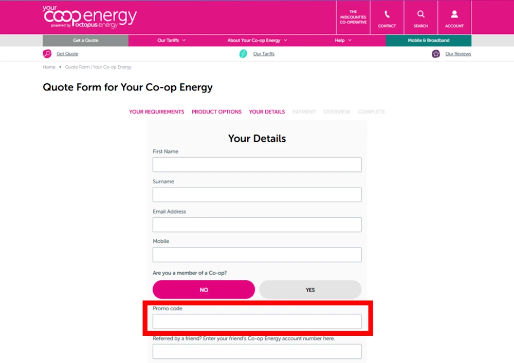 Instructions on how to enter our verified discount code for Your Co-op Energy at checkout on energy.yourcoop.coop.