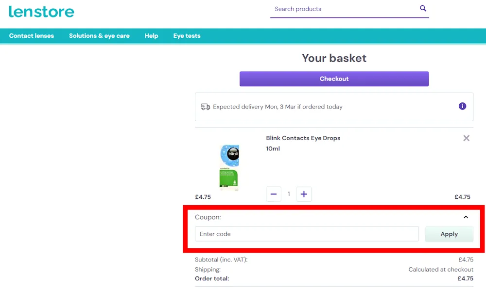 Instructions how to enter a verified discount code for Lenstore on lenstore.co.uk.