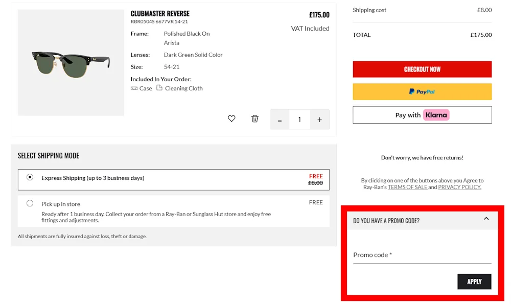 Instructions how to enter a verified discount code for Ray-Ban on ray-ban.com