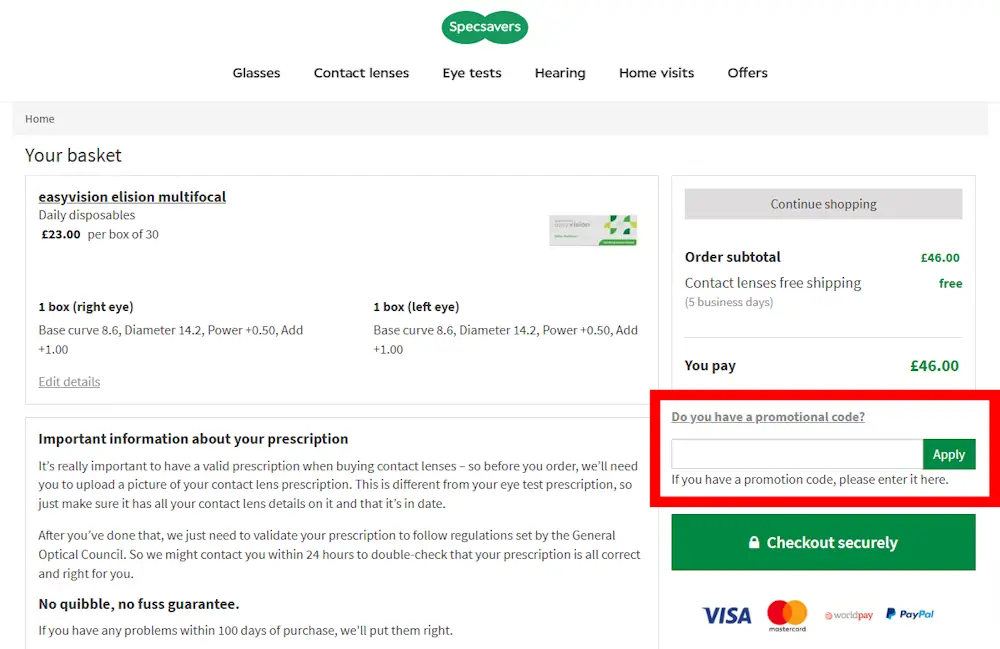 Instructions how to enter a verified discount code for Specsavers on specsavers.co.uk