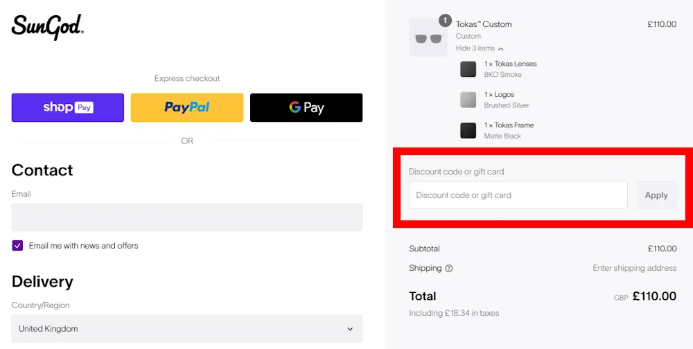 Instructions how to enter a verified discount code for SunGod on sungod.co.