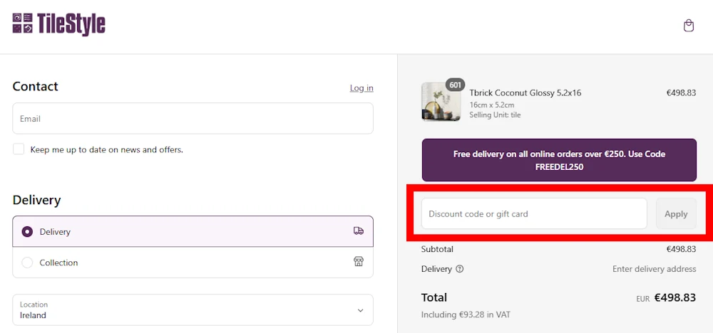  Screenshot showing where to apply a TileStyle promo code at checkout on https://tilestyle.ie