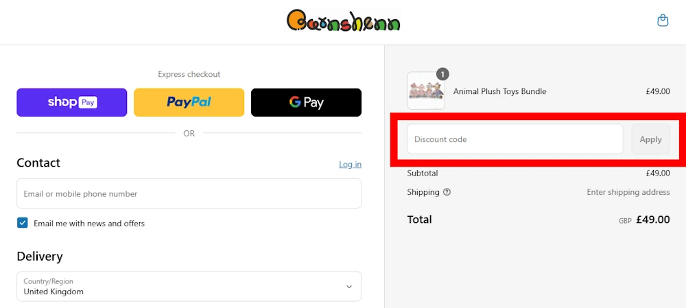 Instructions how to enter a discount code for Barnshenn on www.barnshenn.co.uk.