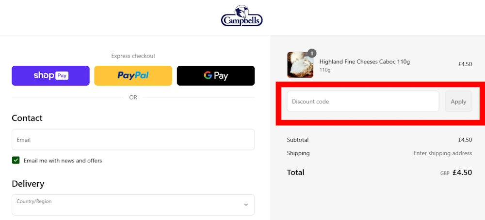 Instructions how to enter a discount code for Campbells Meat on campbellsmeat.com