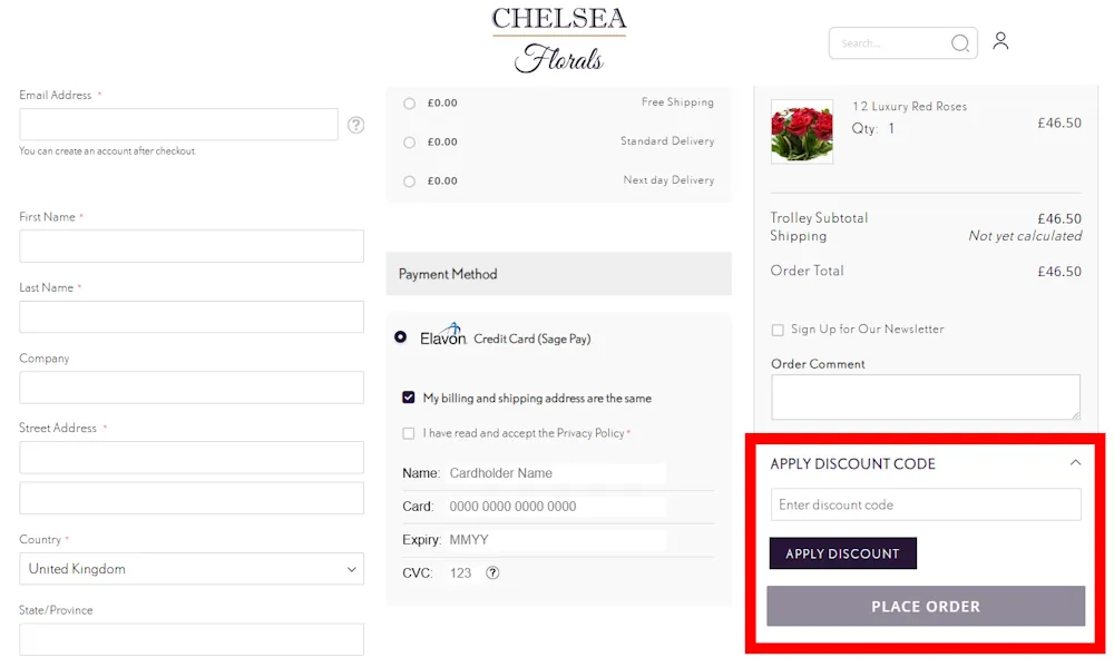 Instructions how to enter a discount code for Chelsea Florals on chelseaflorals.co.uk.