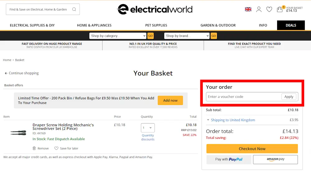 Screenshot showing where to apply a Electrical World code on electricalworld.com