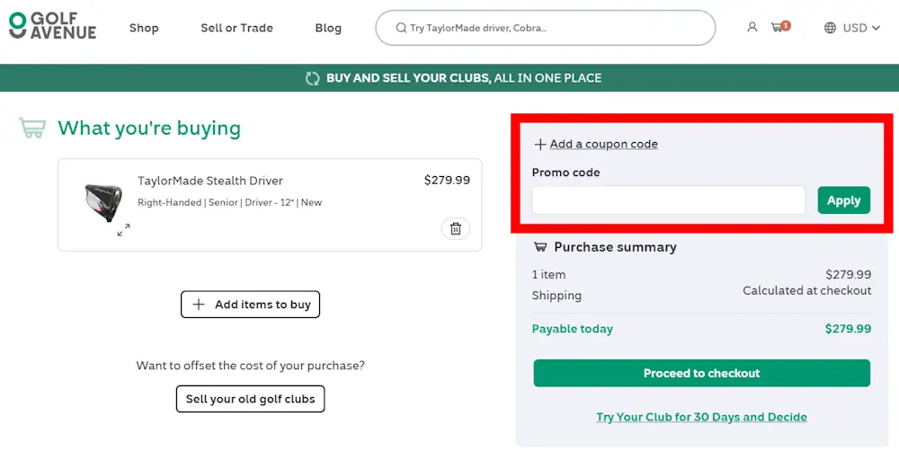 Instructions how to enter a verified discount code for Golf Avenue on golfavenue.com