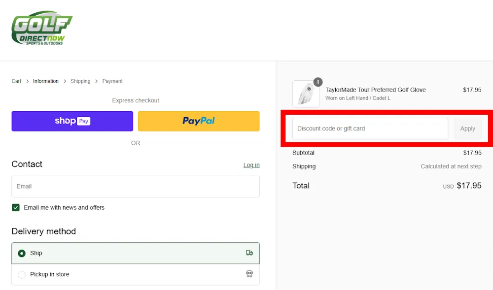 How to enter a verified discount code for Golf Direct Now on golfdirectnow.com
