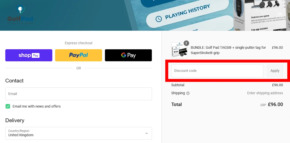 Instructions how to enter a verified discount code for Golf Pad on golfpadgps.com