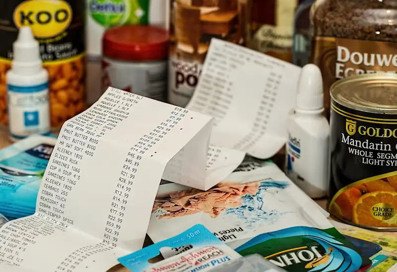 Shopping basket with groceries and a till slip showing purchases