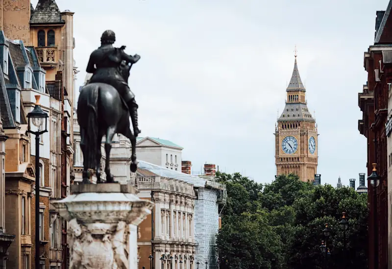 Equestrian statue in London with Big Ben in the background