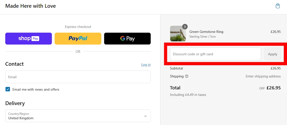 Instructions how to enter a discount code for Made Here with Love on madeherewithlove.co.uk.