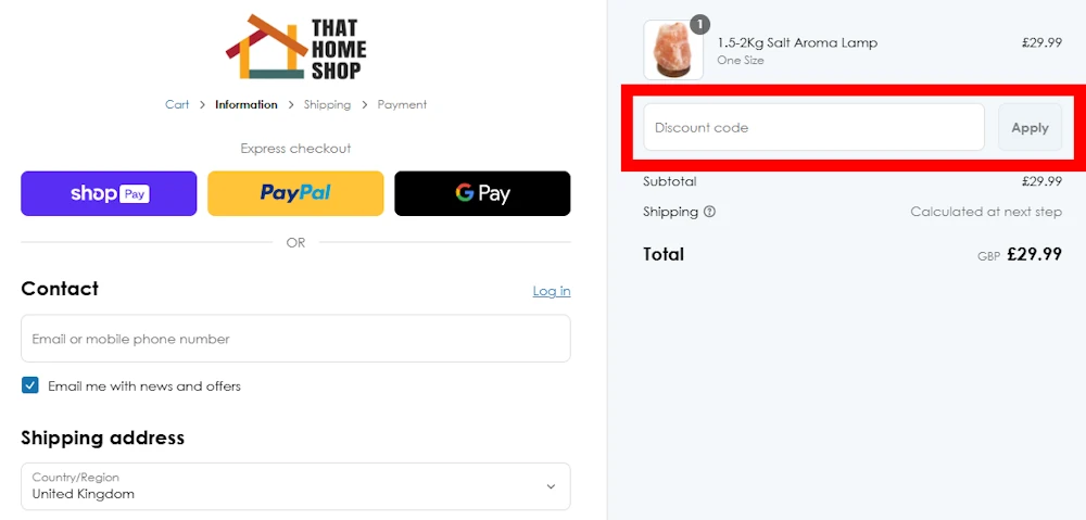 Instructions how to enter a discount code for That Home Shop on thathomeshop.co.uk