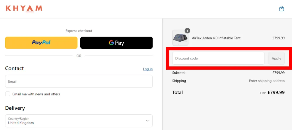 Screenshot showing where to apply a khyam promo code during checkout on khyam.co.uk