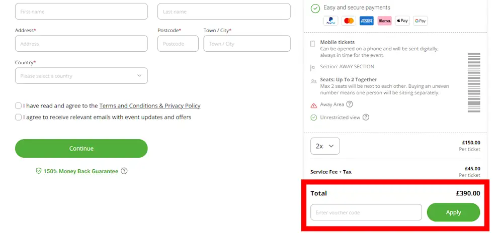 Screenshot showing where to apply a LiveFootballTickets discount code during checkout on www.livefootballtickets.com.