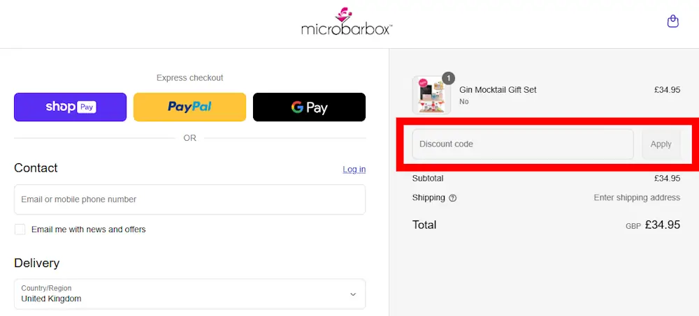 Screenshot showing where to apply a MicroBarBox discount code during checkout on microbarbox.com.