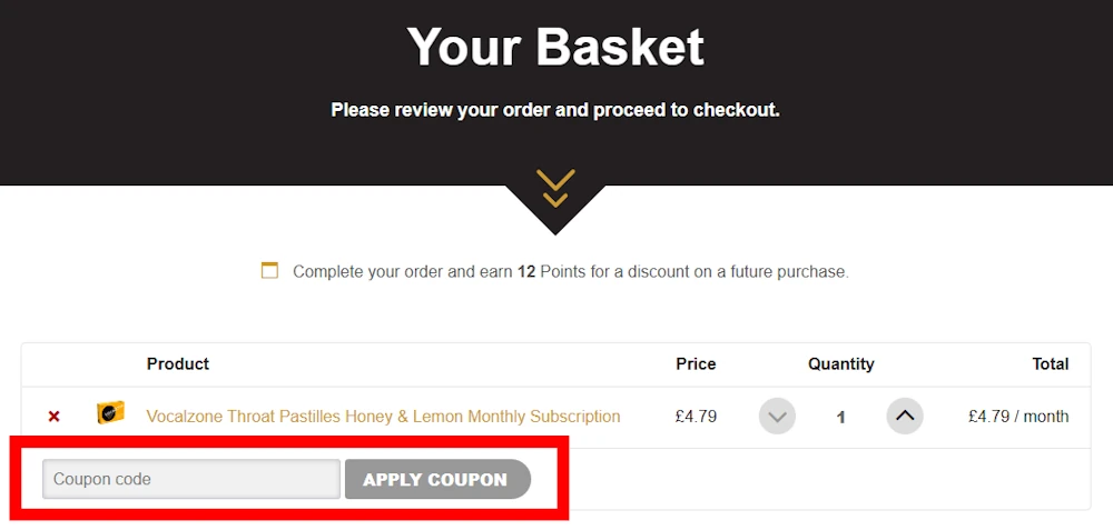 Instructions how to enter a discount code for Vocalzone on www.vocalzone.com