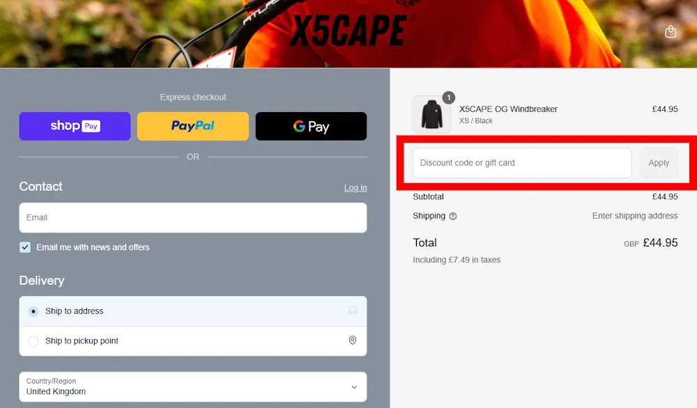 Screenshot showing where to apply a X5CAPE discount code during checkout on x5cape.com.