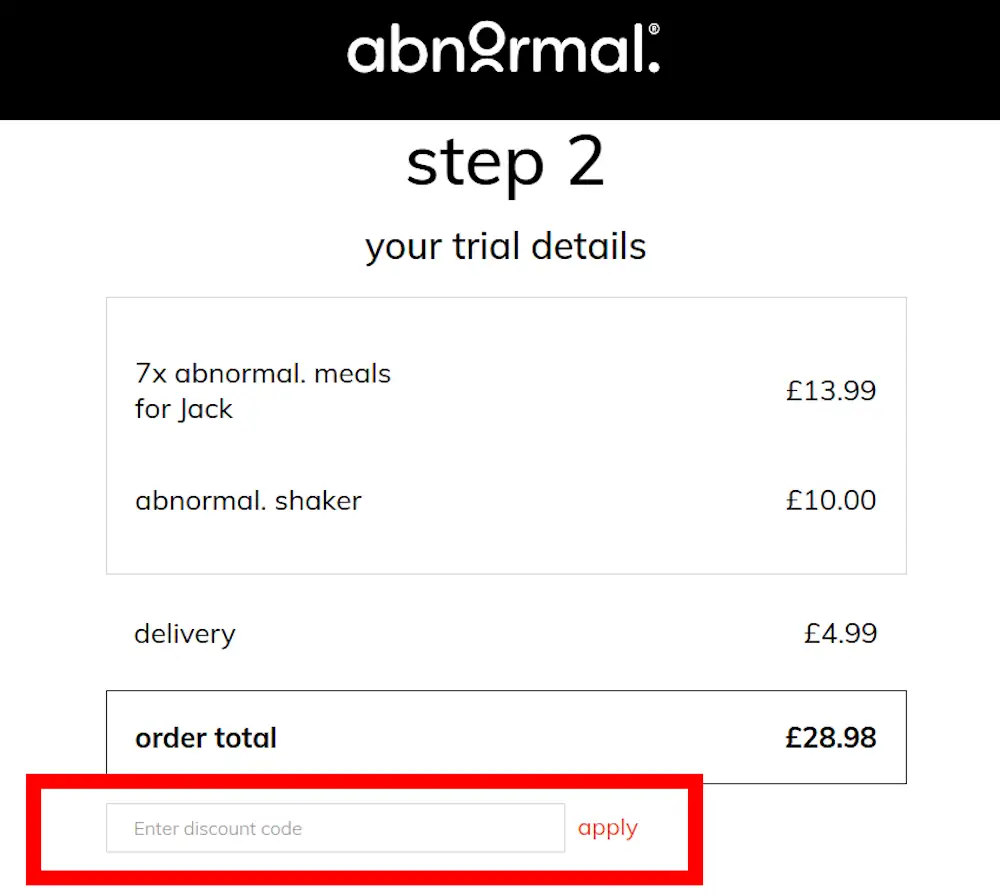 Screenshot showing where to apply a abnormal discount code during checkout on www.abnormal.io.