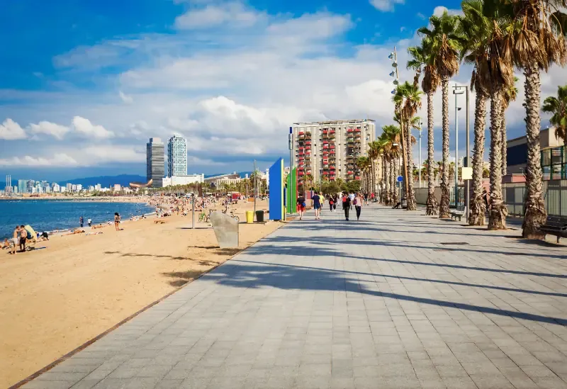 Boardwalk along the beach with pine trees and hotels in the background.