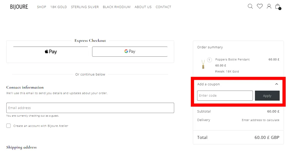 Screenshot showing where to apply a Bijoure Atelier promo code during checkout on www.bijoure.com.