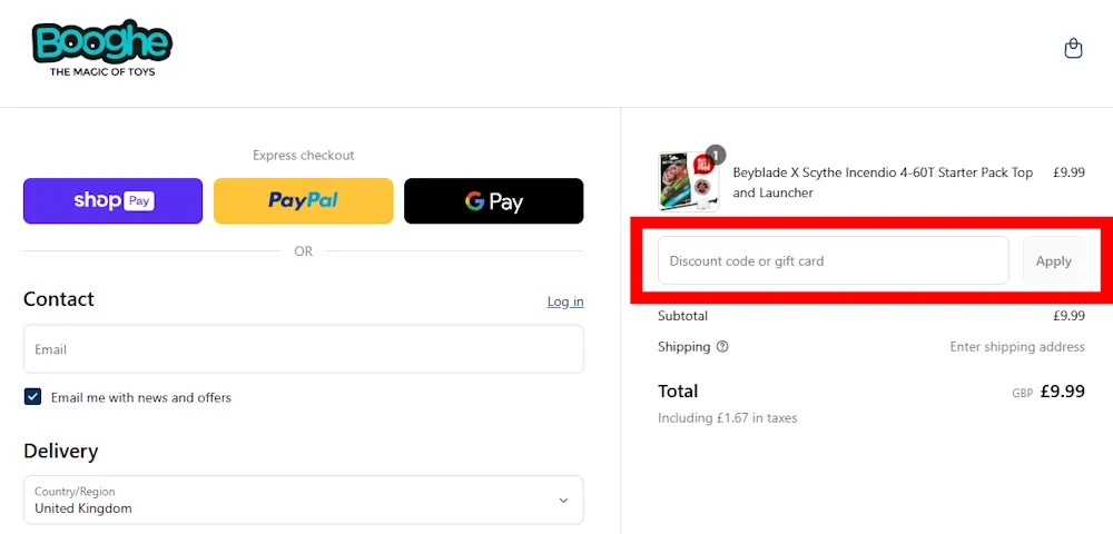 Screenshot showing where to apply a Booghe discount code during checkout on www.booghe.co.uk.