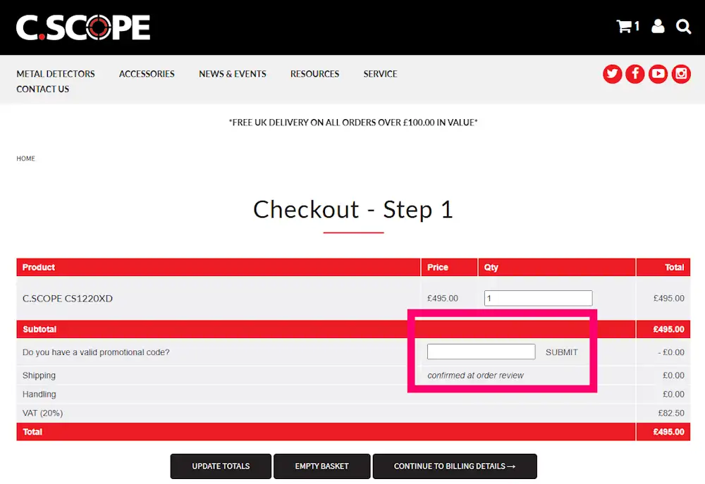 Screenshot showing where to apply a C.Scope discount code during checkout on www.csmetaldetectors.com.