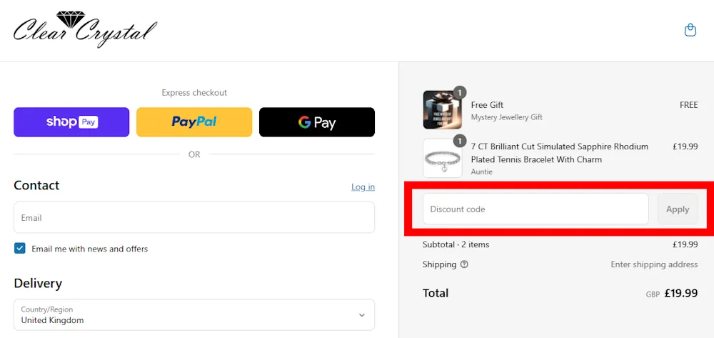 Screenshot showing where to apply a Clear Crystal discount code during checkout on www.clearcrystal.com.