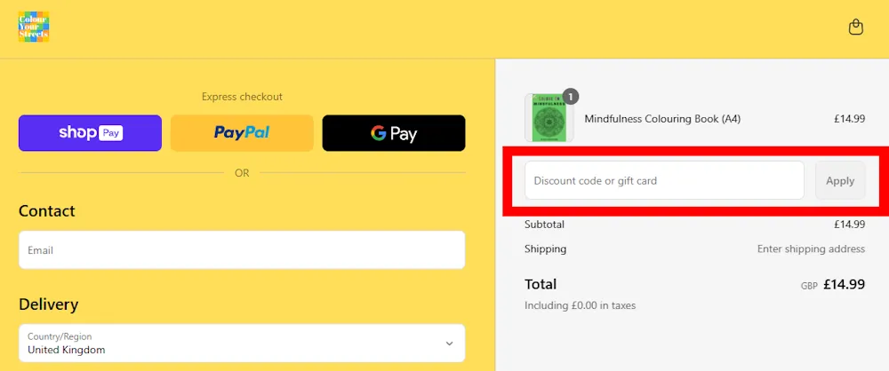 Screenshot showing where to apply a Colour Your promo code during checkout on colouryourstreets.co.uk.