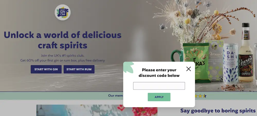 Instructions how to enter a discount code for Craft Gin Club on www.craftginclub.co.uk.