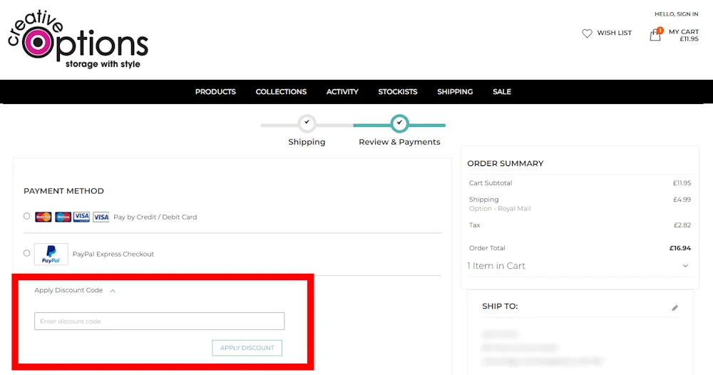 Image of where to enter a discount code for Creative Options on www.creativeoptionsuk.com.
