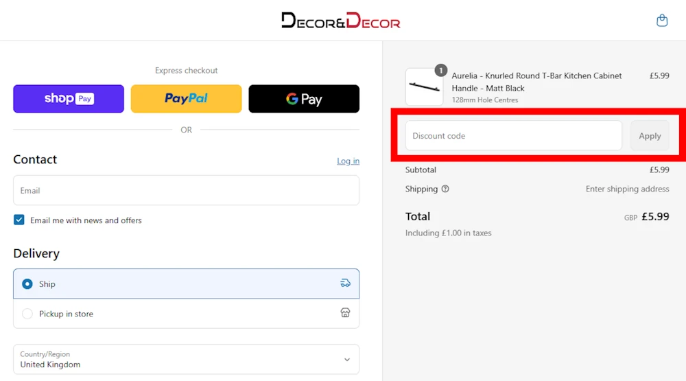 Instructions how to enter a discount code for Decor and Decor on www.decoranddecor.com.