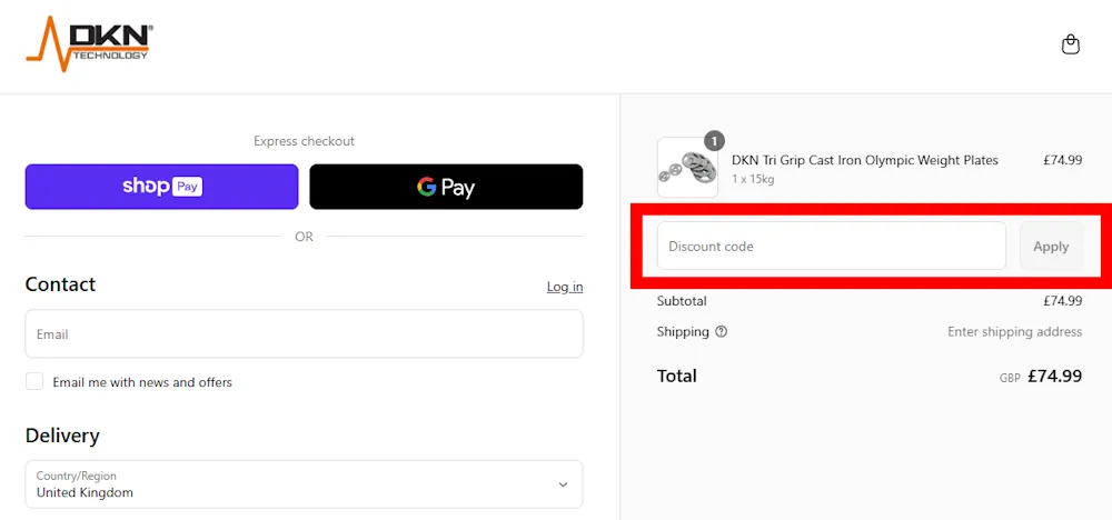 Image of where to enter a discount code for DKN UK on www.dkn-uk.com.