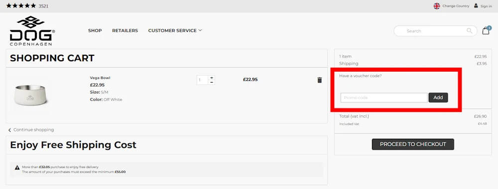 Screenshot showing where to apply a DOG Copenhagen discount code during checkout on dogcopenhagen.co.uk.
