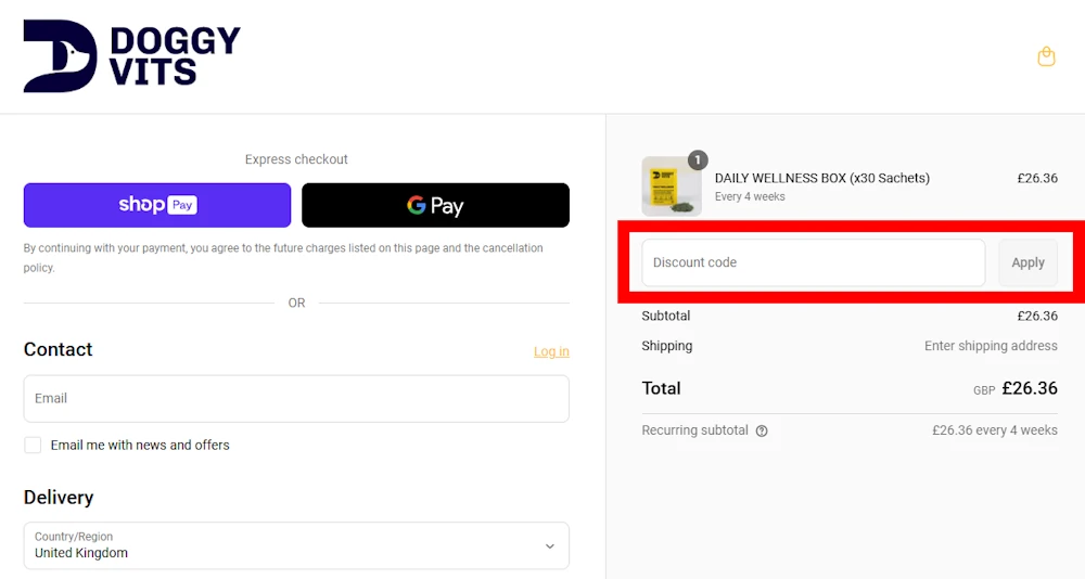Image of where to enter a discount code for Doggy Vits on doggyvits.