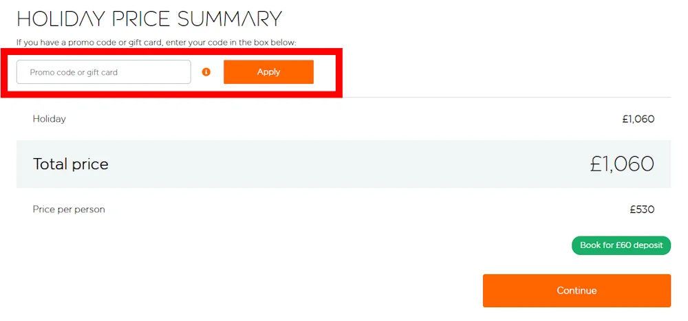 Screenshot showing where to apply a easyjet holidays discount code during checkout on www.easyjet.com.